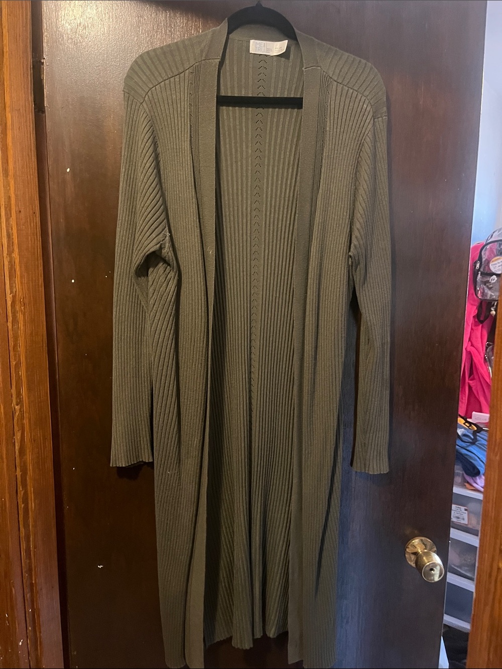 Time and Tru Olive Green Ribbed Open Cardigan